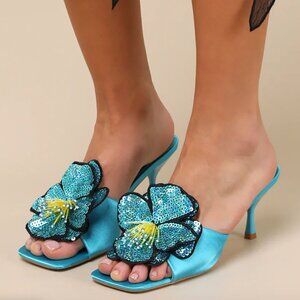 Lulu's Teal Sequin Floral Sandals